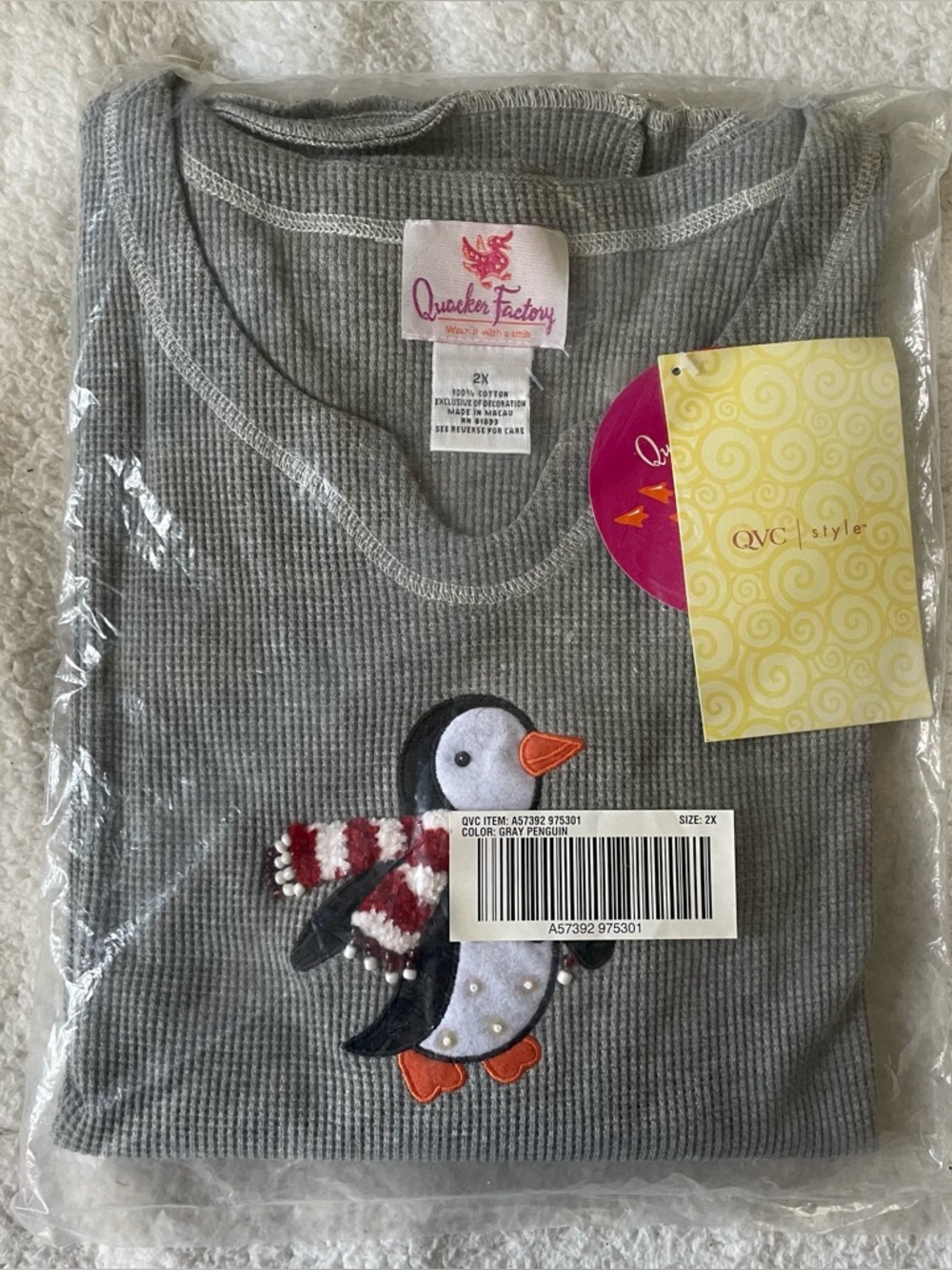Quacker Factory Waffle Knit Embellished Tunic Grey with Penguin 2X A57392 QVC